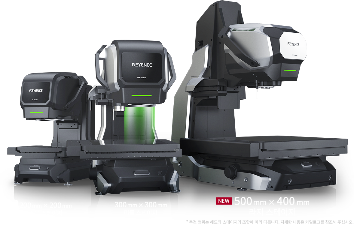 광시야 IM 헤드・고배율 LM 헤드 / 200 mm × 200 mm 스몰 스테이지・300 mm × 300 mm 미들 스테이지・500 mm × 400 mm 라지 스테이지