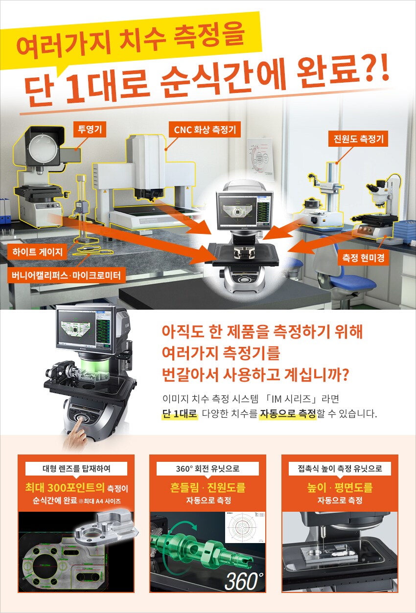 [여러가지 치수 측정을 단 1대로 순식간에 완료?!]투영기, CNC 화상 측정기, 진원도 측정기, 측정 현미경, 하이트 게이지, 버니어캘리퍼스∙마이크로미터 / 아직도 한 제품을 측정하기 위해 여러가지 측정기를 번갈아서 사용하고 계십니까? 이미지 치수 측정 시스템 「IM 시리즈」라면 단 1대로 다양한 치수를 자동으로 측정할 수 있습니다. / [대형 렌즈를 탑재하여]최대 300포인트의 측정이 순식간에 완료 ※최대 A4 사이즈 [360° 회전 유닛으로]흔들림 ∙ 진원도를 자동으로 측정 / [접촉식 높이 측정 유닛으로]높이 ∙ 평면도를 자동으로 측정