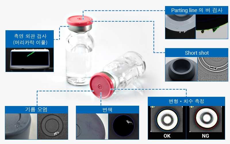 Parting line 의 버 검사, 측면 외관 검사（머리카락 이물）, Short shot, 기름 오염, 변색, 변형 ・ 치수 측정