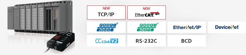 [NEW] TCP/IP, [NEW] EtherCAT, PROFIBUS, PROFINET, EtherNet/IP®, DeviceNet®, CC-Link V2, RS-232C, BCD