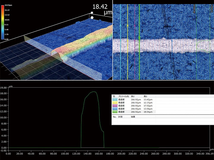 전극의 3D 형상 측정·프로파일 측정: 동축 낙사 조명(1000×)