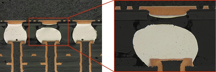 BGA 단면: 땜납 볼의 크랙에 의한 전도 불량 관찰(왼쪽: 200× / 오른쪽: 500×)